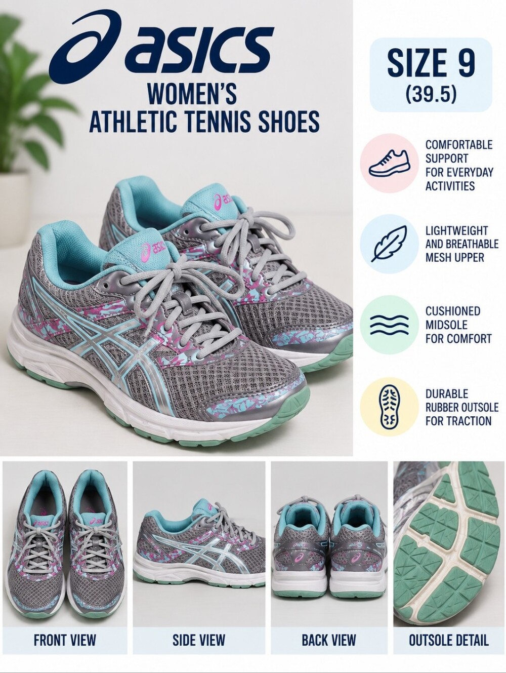 Asics Women's size 9 Grey blue athletic tennis shoes #36